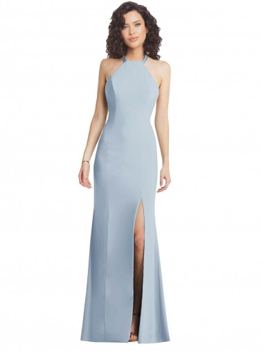Open Back Light Sky Blue Stretch Crepe Halter Neck Long Sleeveless Formal Evening Gown / Prom Dress / Bridesmaid Dress Norwich