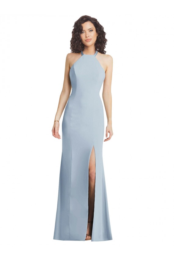 Open Back Light Sky Blue Stretch Crepe Halter Neck Long Sleeveless Formal Evening Gown / Prom Dress / Bridesmaid Dress Norwich