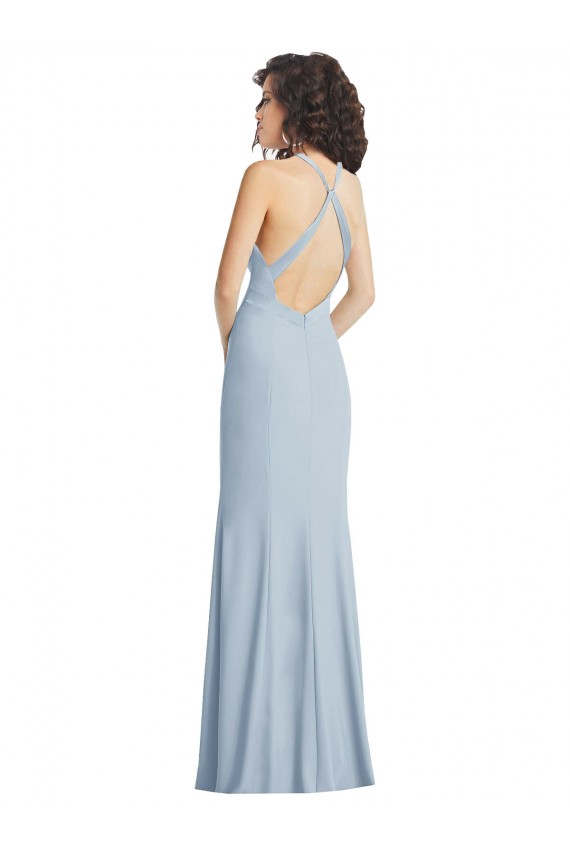 Open Back Light Sky Blue Stretch Crepe Halter Neck Long Sleeveless Formal Evening Gown / Prom Dress / Bridesmaid Dress Norwich