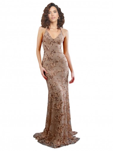 Open Back Rose Gold Stretch Crepe & Sequin Tulle V-Neck Long Sleeveless Formal Evening Gown / Prom Dress / Bridesmaid Dress Norwich