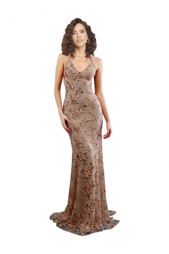 Open Back Rose Gold Stretch Crepe & Sequin Tulle V-Neck Long Sleeveless Formal Evening Gown / Prom Dress / Bridesmaid Dress Norwich