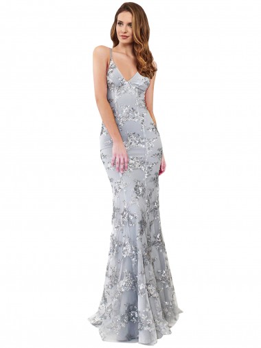 Open Back Silver Stretch Crepe & Sequin Tulle V-Neck Long Sleeveless Formal Evening Gown / Prom Dress / Bridesmaid Dress Norwich