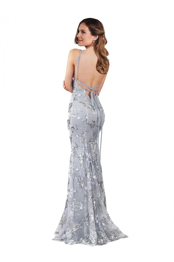 Open Back Silver Stretch Crepe & Sequin Tulle V-Neck Long Sleeveless Formal Evening Gown / Prom Dress / Bridesmaid Dress Norwich