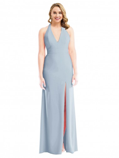 Open Back Light Sky Blue Stretch Crepe Halter Neck Long Sleeveless Bridesmaid Dress / Evening Dress Norwich