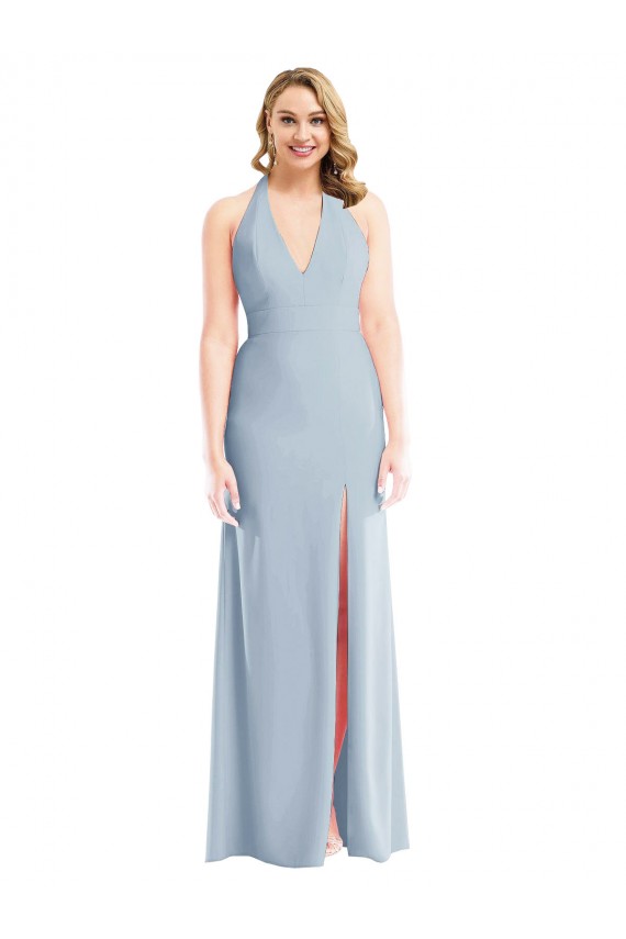 Open Back Light Sky Blue Stretch Crepe Halter Neck Long Sleeveless Bridesmaid Dress / Evening Dress Norwich