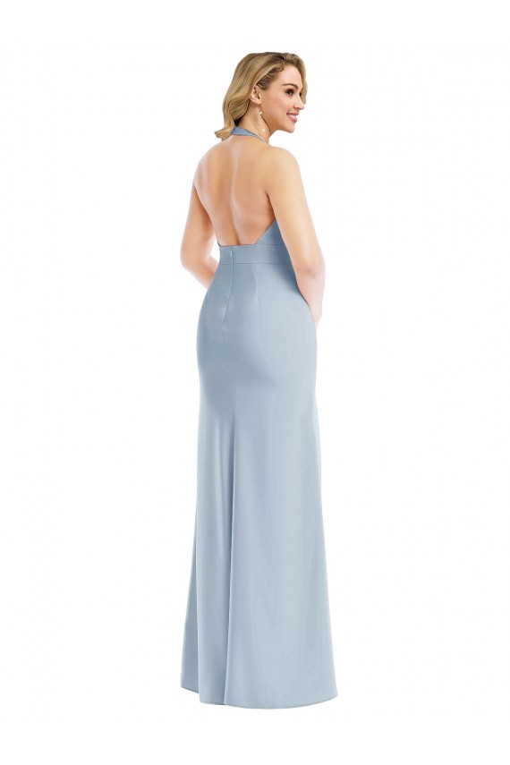Open Back Light Sky Blue Stretch Crepe Halter Neck Long Sleeveless Bridesmaid Dress / Evening Dress Norwich