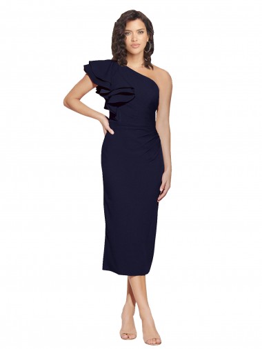 Dark Navy Stretch Crepe One Shoulder Midi Length Sleeveless Formal Evening Gown / Prom Dress / Bridesmaid Dress Norwich