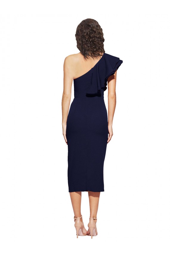 Dark Navy Stretch Crepe One Shoulder Midi Length Sleeveless Formal Evening Gown / Prom Dress / Bridesmaid Dress Norwich