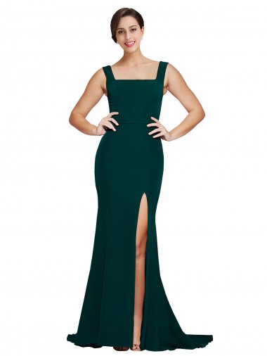 Midnight Green Stretch Crepe Square Neck Sweep Train Sleeveless Semi Formal Evening Dress / Prom Dress / Bridesmaid Dress Norwich