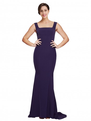Dark Navy Stretch Crepe Square Neck Sweep Train Sleeveless Semi Formal Evening Dress / Prom Dress / Bridesmaid Dress Norwich