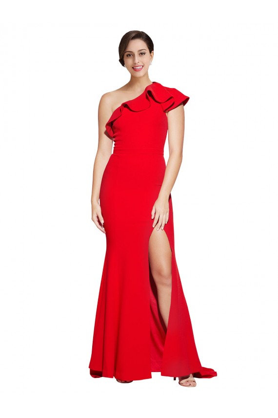 Red Stretch Crepe One Shoulder Sweep Train Sleeveless Semi Formal Evening Dress / Prom Dress / Bridesmaid Dress Norwich