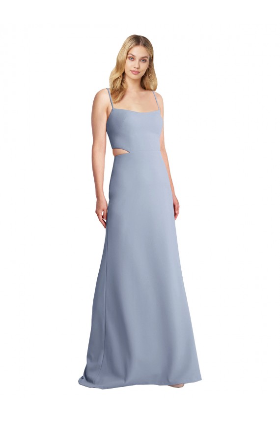 Open Back Smoke Blue Stretch Crepe Spaghetti Straps Long Sleeveless Prom Dress / Bridesmaid Dress Norwich