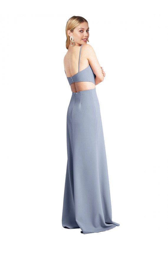 Open Back Smoke Blue Stretch Crepe Spaghetti Straps Long Sleeveless Prom Dress / Bridesmaid Dress Norwich