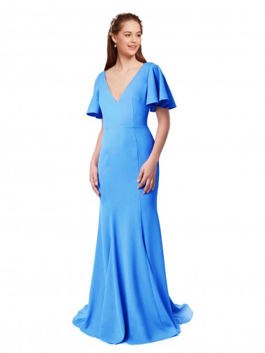 V-Back Stretch Crepe V-Neck Sweep Train Short Sleeves Prom Dress / Bridesmaid Dress Norwich