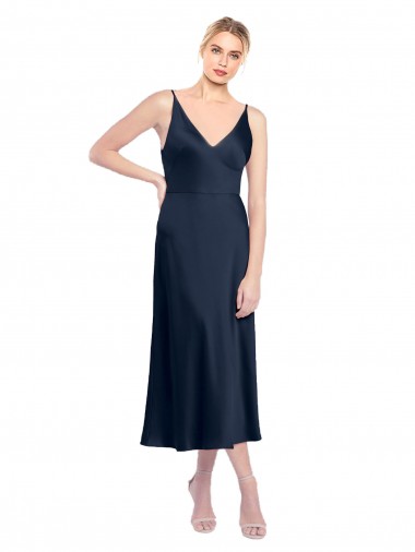 V-Back Stretch Satin V-Neck Midi Length Sleeveless Formal Evening Gown / Prom Dress / Bridesmaid Dress Norwich