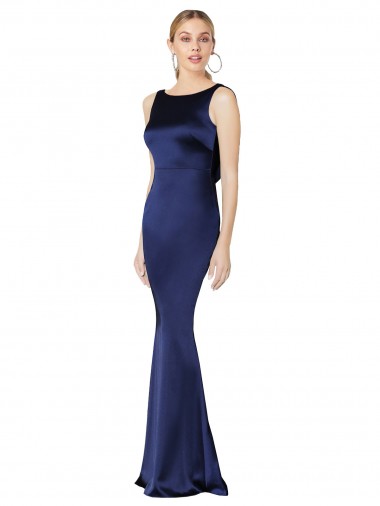 Low Back Dark Navy Stretch Satin Halter Neck Long Sleeveless Formal Evening Gown / Prom Dress / Bridesmaid Dress Norwich