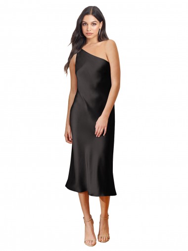 Stretch Satin One Shoulder Midi Length Sleeveless Black Tie Evening Dress / Prom Dress / Bridesmaid Dress Norwich