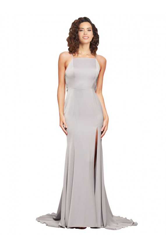 Low Back Stretch Satin High Neck Sweep Train Sleeveless Formal Evening Gown / Prom Dress / Bridesmaid Dress Norwich