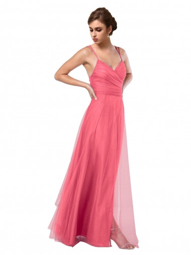 V-Back Watermelon Tulle Spaghetti Straps Long Sleeveless Bridesmaid Dress Norwich