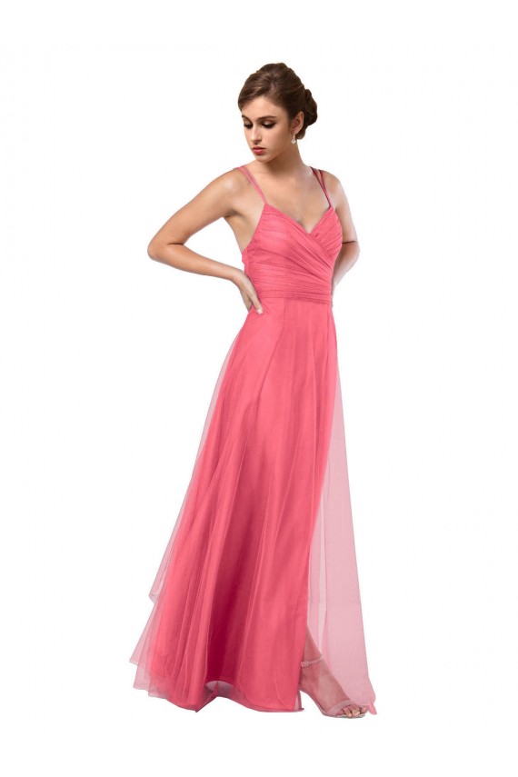 V-Back Watermelon Tulle Spaghetti Straps Long Sleeveless Bridesmaid Dress Norwich