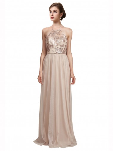 Nude Tulle Halter Neck Long Sleeveless Bridesmaid Dress Norwich