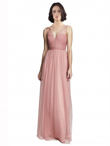 Rose Pink Tulle V-Neck Long Sleeveless Bridesmaid Dress Norwich