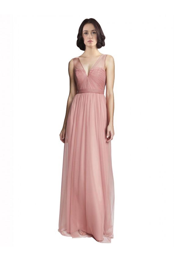 Rose Pink Tulle V-Neck Long Sleeveless Bridesmaid Dress Norwich