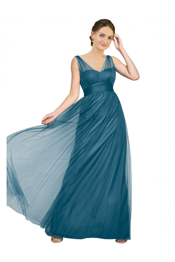 V-Back Teal Green Tulle V-Neck Long Sleeveless Bridesmaid Dress Norwich