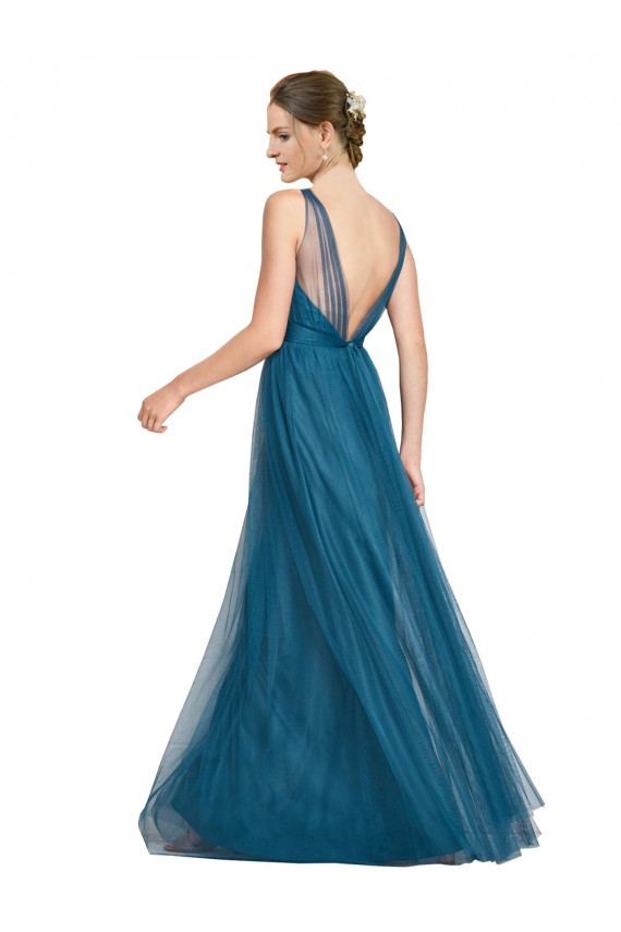 V-Back Teal Green Tulle V-Neck Long Sleeveless Bridesmaid Dress Norwich