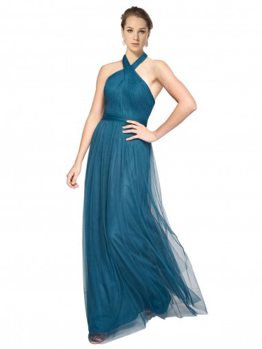 Open Back Teal Green Tulle Halter Neck Long Sleeveless Bridesmaid Dress Norwich