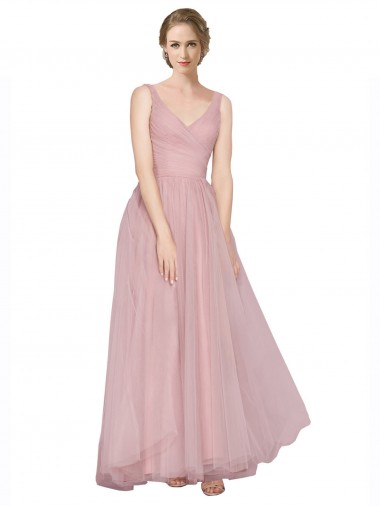 V-Back Pink Tulle V-Neck Long Sleeveless Bridesmaid Dress Norwich