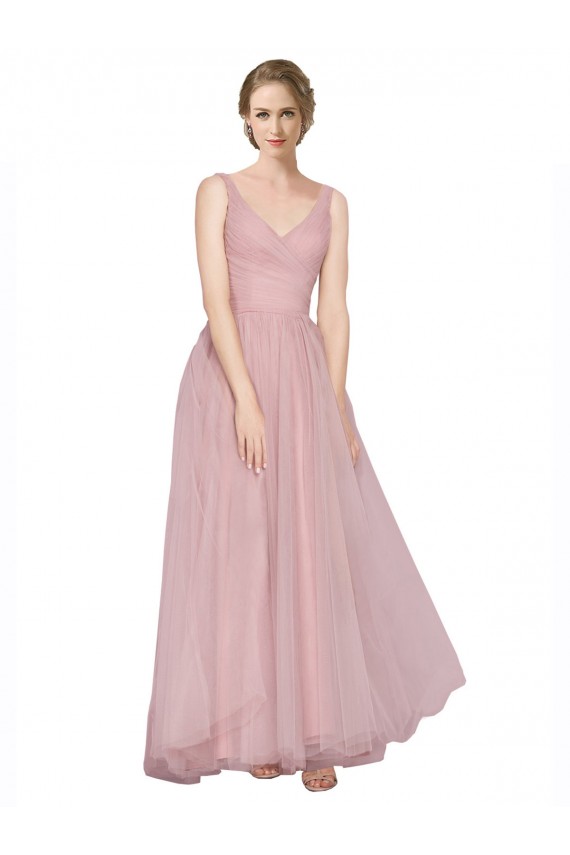 V-Back Pink Tulle V-Neck Long Sleeveless Bridesmaid Dress Norwich