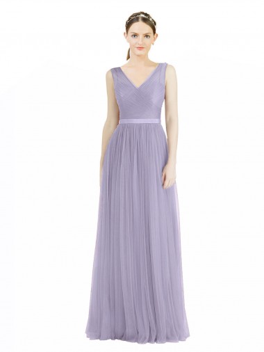 V-Back Lilac Tulle V-Neck Long Sleeveless Bridesmaid Dress Norwich