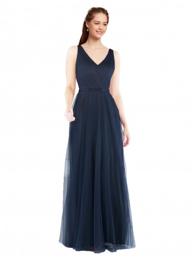 V-Back Dark Navy Tulle V-Neck Long Sleeveless Bridesmaid Dress Norwich