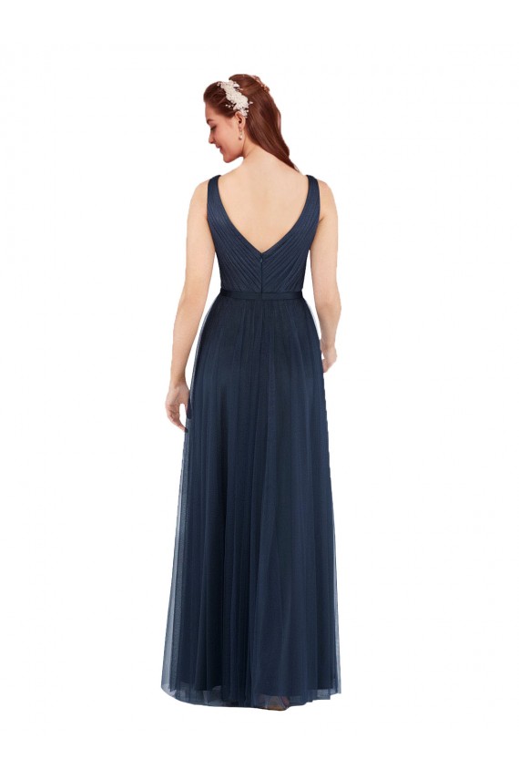 V-Back Dark Navy Tulle V-Neck Long Sleeveless Bridesmaid Dress Norwich