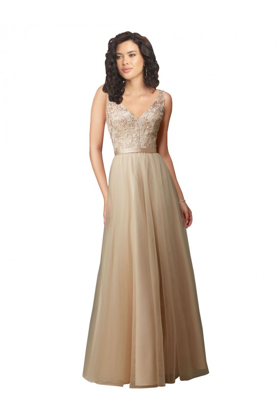 V-Back Tulle & Lace V-Neck Long Sleeveless Bridesmaid Dress Norwich