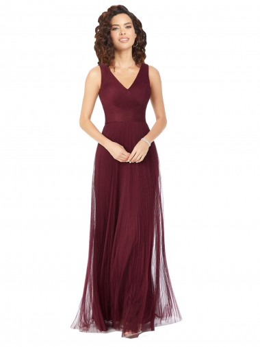 Burgundy Gold Tulle V-Neck Long Sleeveless Bridesmaid Dress Norwich