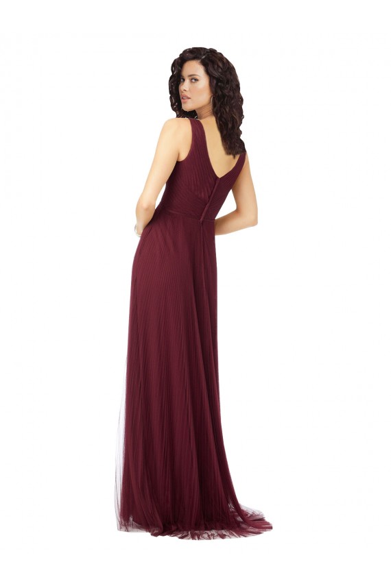 Burgundy Gold Tulle V-Neck Long Sleeveless Bridesmaid Dress Norwich