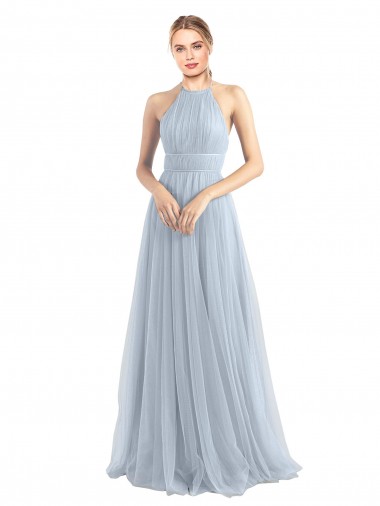 Open Back Light Sky Blue Tulle Halter Neck Long Sleeveless Bridesmaid Dress Norwich