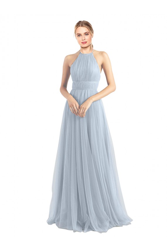Open Back Light Sky Blue Tulle Halter Neck Long Sleeveless Bridesmaid Dress Norwich
