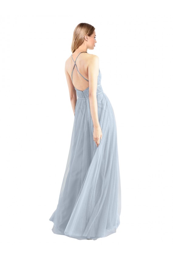 Open Back Light Sky Blue Tulle Halter Neck Long Sleeveless Bridesmaid Dress Norwich