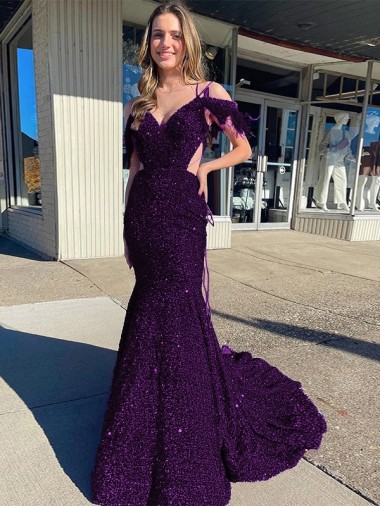 Velvet Sequin Spaghetti Straps Court Train Sleeveless Prom Dress / Evening Dress Norwich