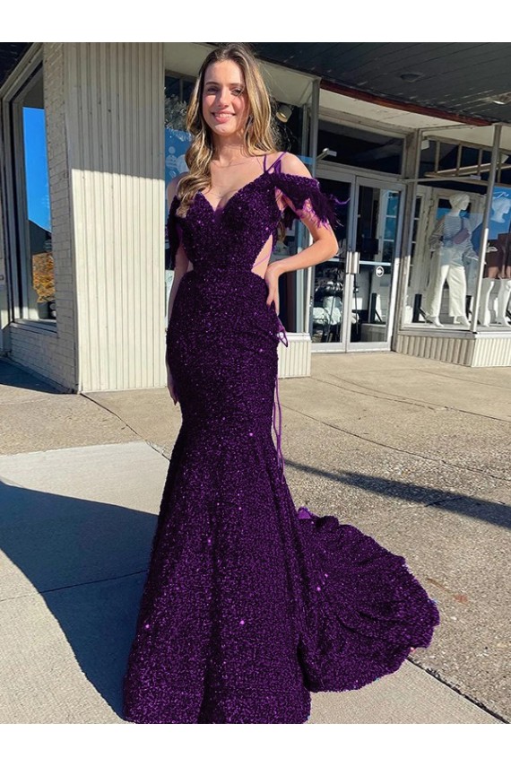 Velvet Sequin Spaghetti Straps Court Train Sleeveless Prom Dress / Evening Dress Norwich