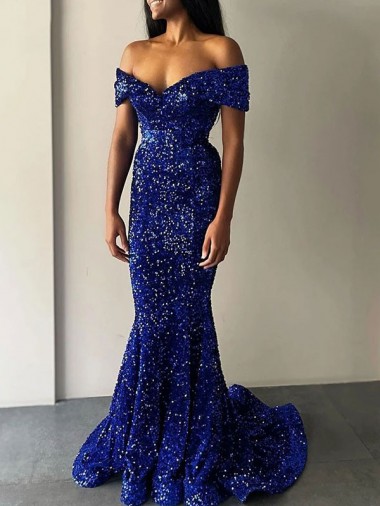Velvet Sequin Off the Shoulder Sweep Train Sleeveless Prom Dresses Norwich