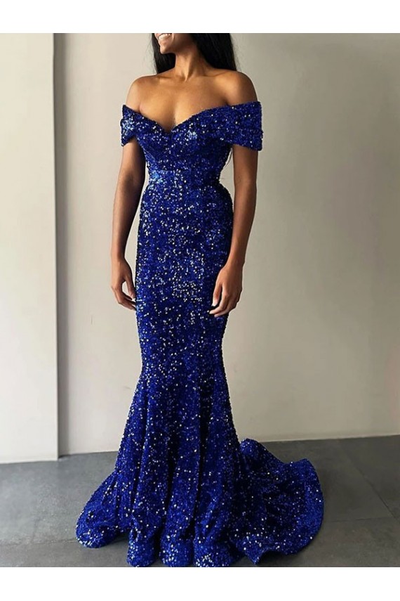 Velvet Sequin Off the Shoulder Sweep Train Sleeveless Prom Dresses Norwich
