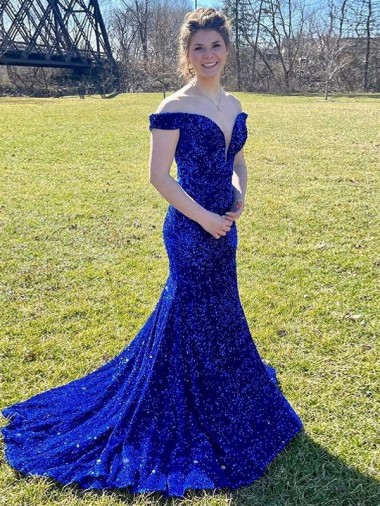 Velvet Sequin Off the Shoulder Sweep Train Sleeveless Prom Dress Norwich