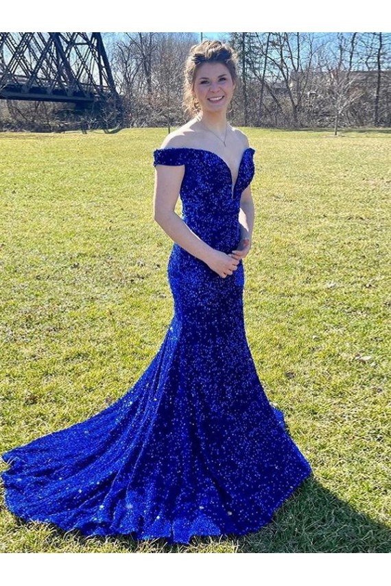 Velvet Sequin Off the Shoulder Sweep Train Sleeveless Prom Dress Norwich