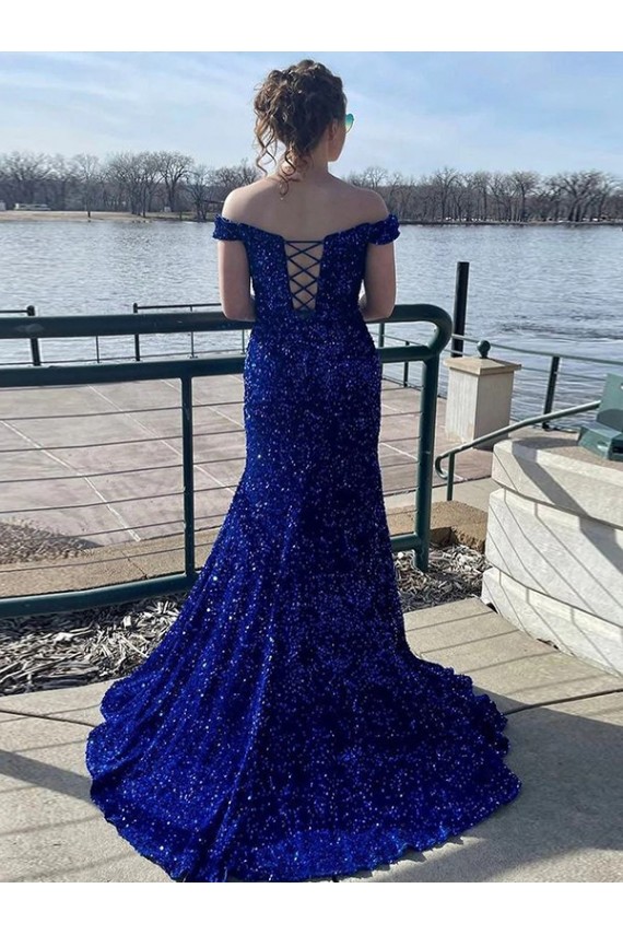 Velvet Sequin Off the Shoulder Sweep Train Sleeveless Prom Dress Norwich