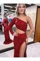 Velvet Sequin One Shoulder Sweep Train Long Sleeves Evening Dress Norwich