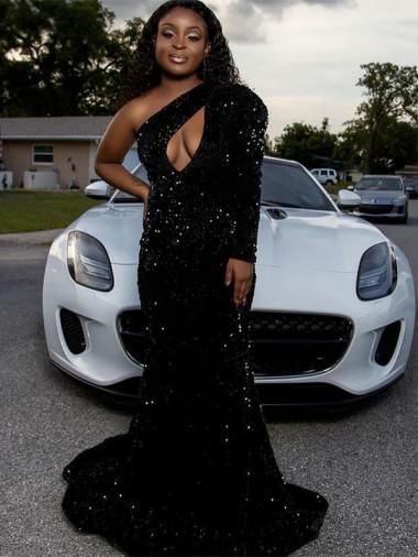 Velvet Sequin One Shoulder Sweep Train Long Sleeves Prom Dress Norwich